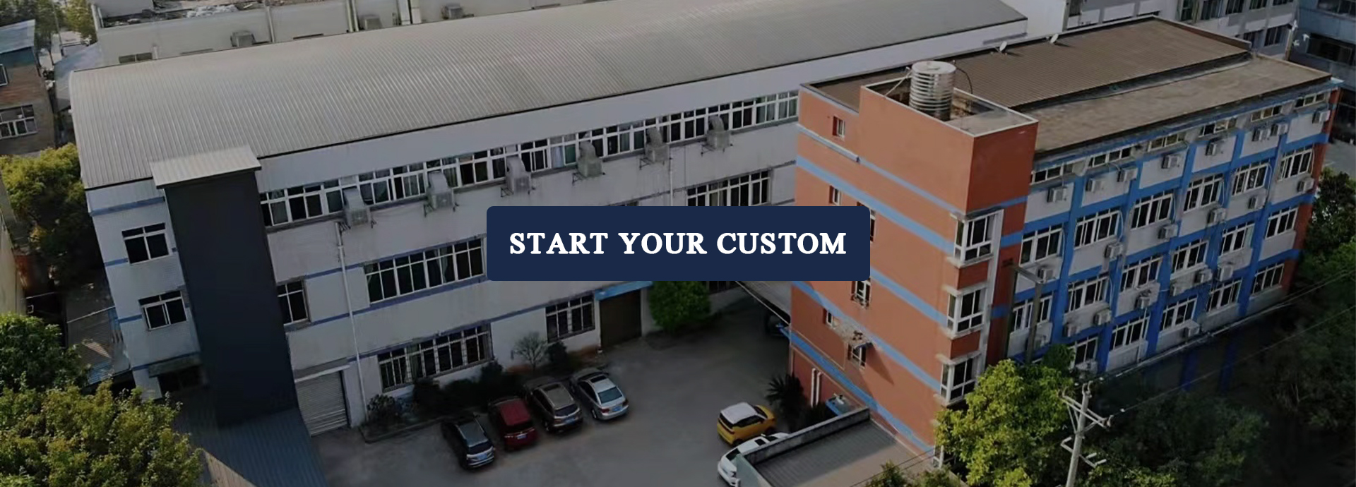 Exterior aerial view of the shoe manufacturing plant with a prominent "Start Your Custom" banner, highlighting the company's reliable OEM and ODM customization production services