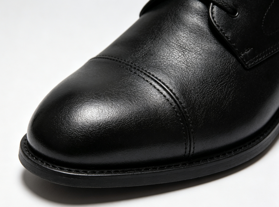 Close-up macro shot of a black leather cap-toe dress shoe, highlighting premium leather grain, clean welt stitching, and high-quality craftsmanship for custom men's footwear manufacturing