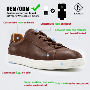 LANCI OEM ODM customization options for textured leather casual shoes including logo on insole, upper, sole, and custom sole mold