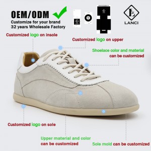 OEM/ODM Customization Features for Retro Suede Sneakers including Logo on upper, sole, and insole