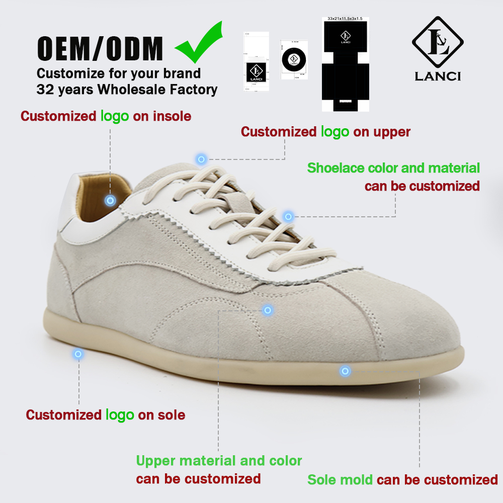 OEM/ODM Customization Features for Retro Suede Sneakers including Logo on upper, sole, and insole