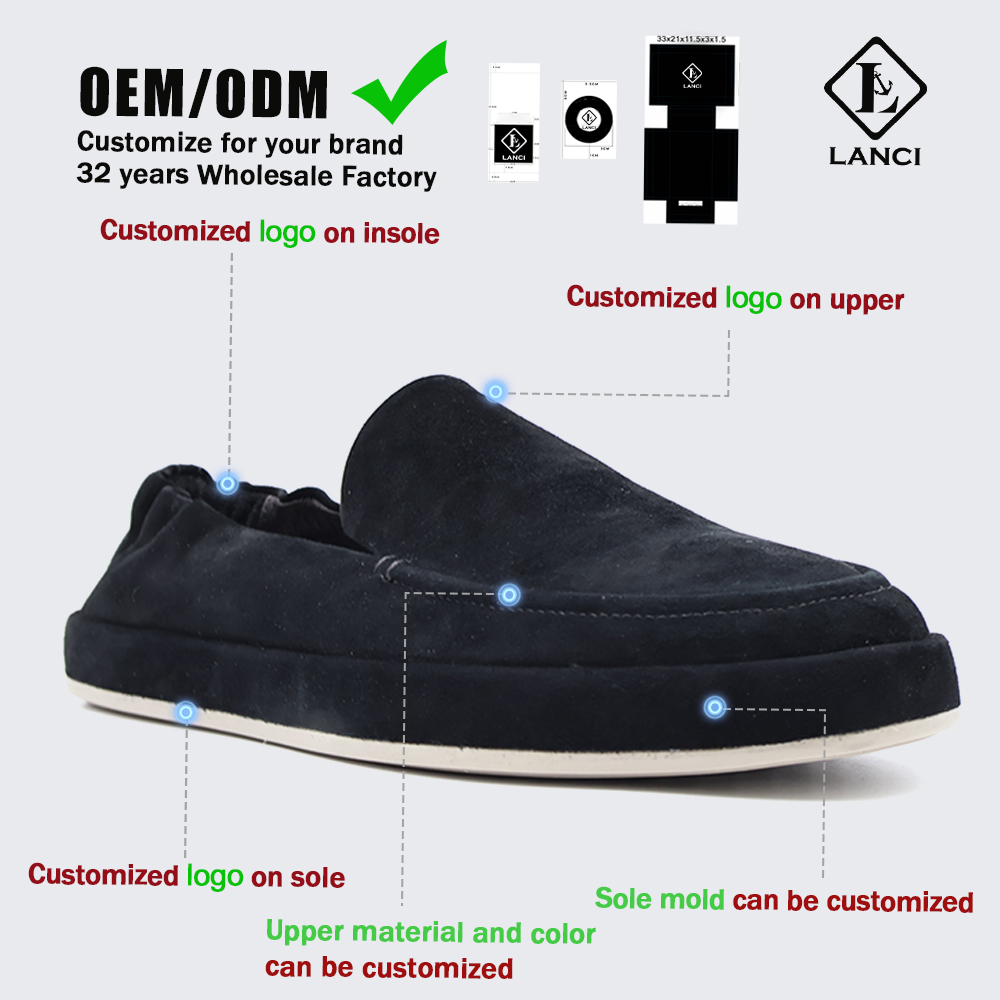LANCI OEM ODM customization options for suede loafers shoes including logo on insole, upper, sole, and custom sole mold

