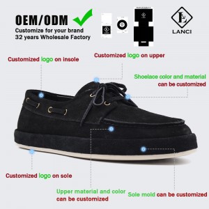 LANCI OEM ODM customization options for suede boat shoes including logo on insole, upper, sole, and custom sole mold