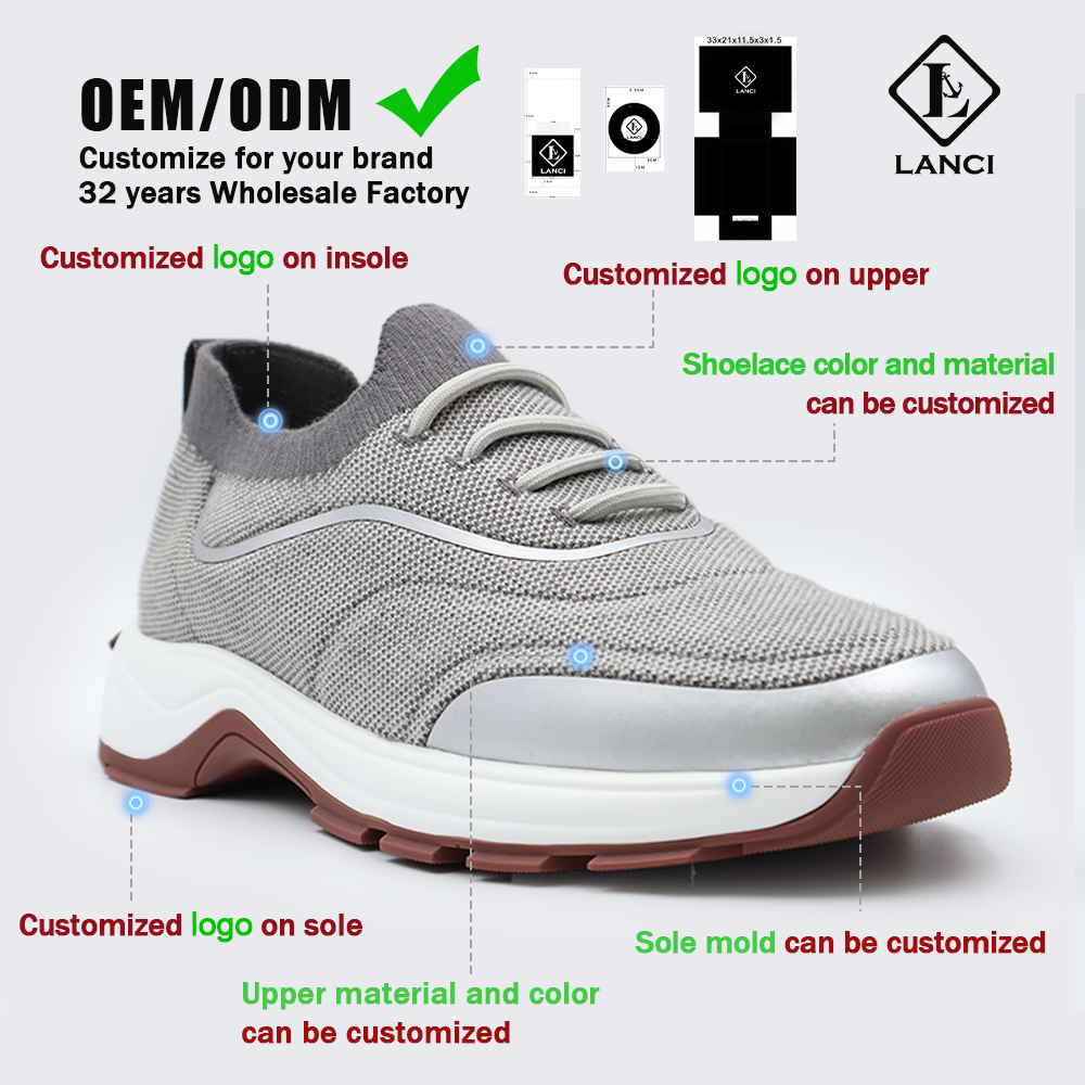 LANCI OEM/ODM customization infographic for knit sneakers, featuring 32 years of factory experience. Shows options for customizing insole logos, upper logos, lace colors, sole molds, and upper materials and colors.